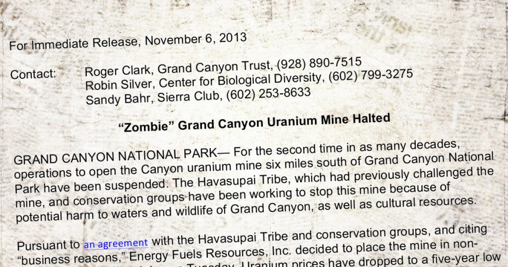 Press Release: “Zombie” Grand Canyon Uranium Mine Halted